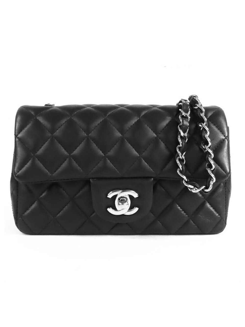 Chanel Mini Classic Black Silver Lambskin Single Flap Chain Shoulder Bag